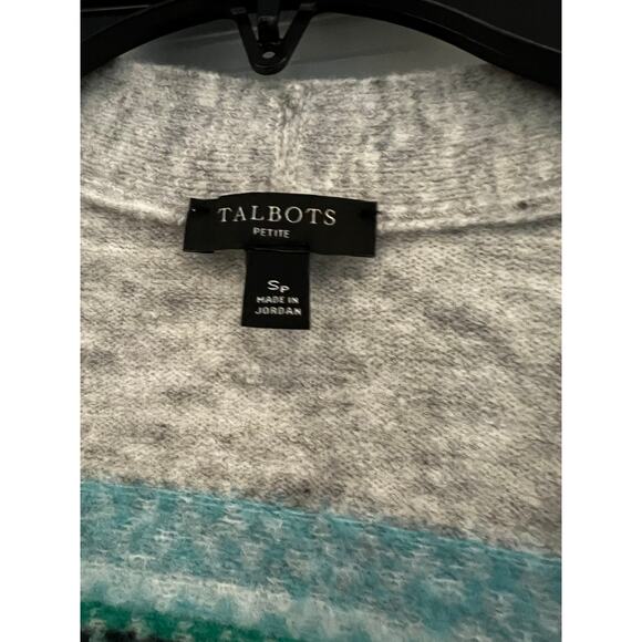 TALBOTS gray green blue FairIsle xox button c neck cardigan sweater NWOT Sz S - Picture 4 of 5